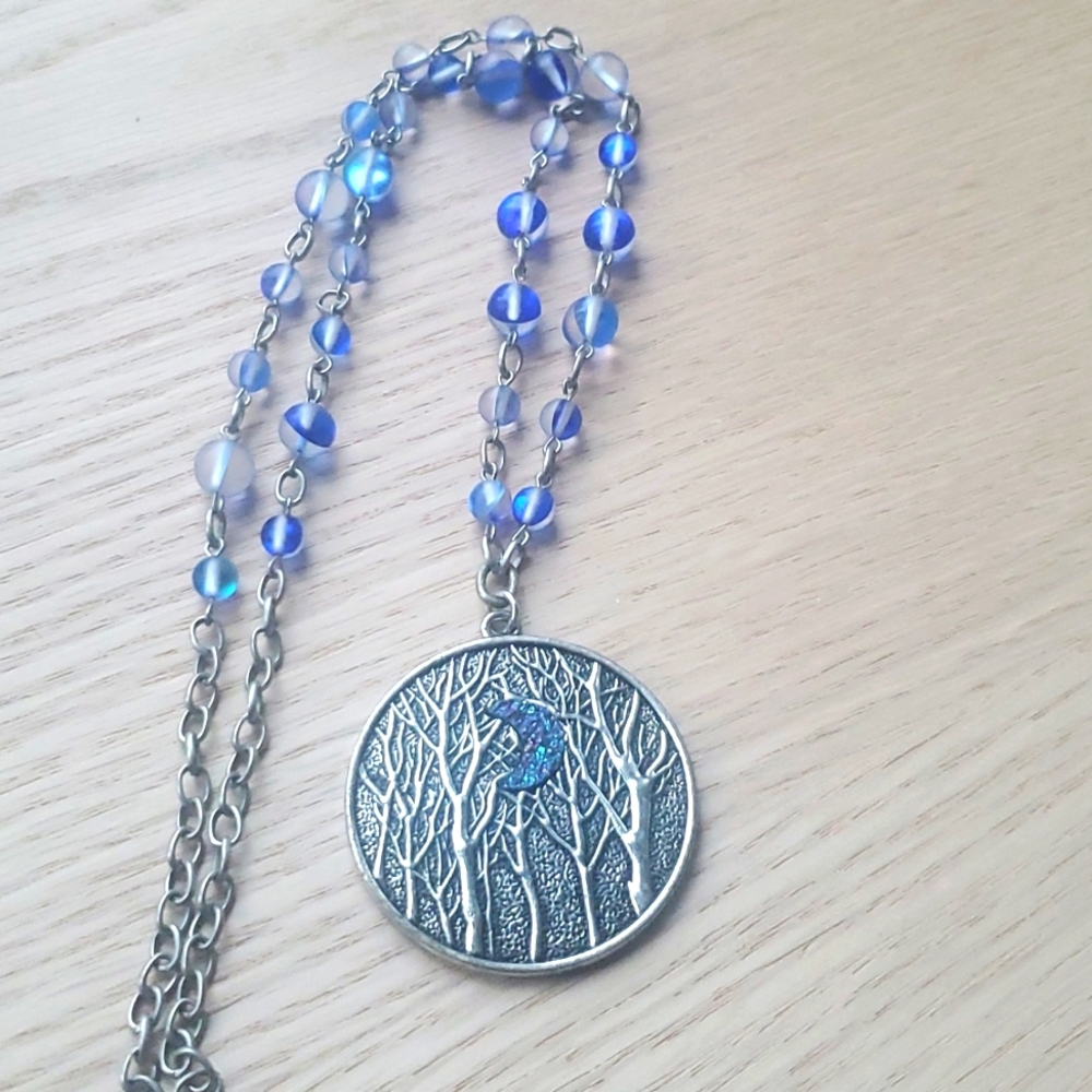 Glitter Blue Moon Pendant Necklace
